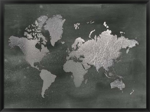 Framed Large Silver Foil World Map on Black - Metallic Foil Print