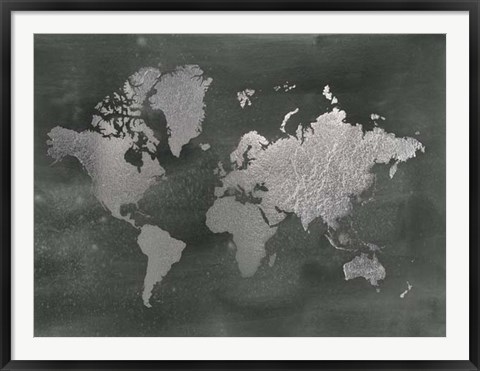 Framed Large Silver Foil World Map on Black - Metallic Foil Print