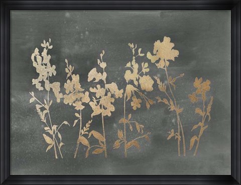 Framed Gold Foil Flower Field on Black - Metallic Foil Print