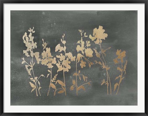 Framed Gold Foil Flower Field on Black - Metallic Foil Print