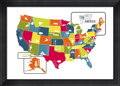 Framed USA Map (bright) Print