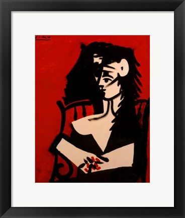 Framed Jacqueline a Mantille Sur Fond Rouge Print
