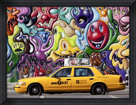 Framed Taxi and Mural painting in Soho, NYC Print