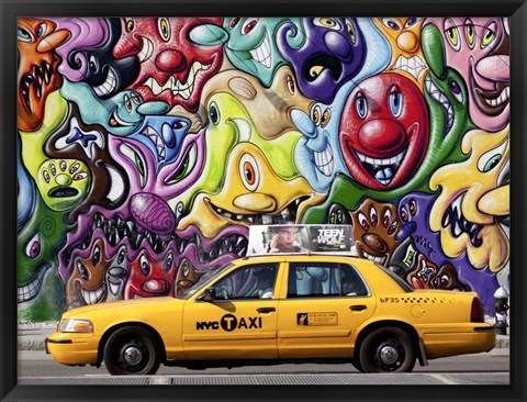 Framed Taxi and Mural painting in Soho, NYC Print