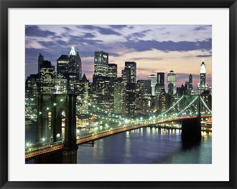 Framed Brookyn Bridge and Downtown skyline, NYC Print