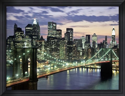 Framed Brookyn Bridge and Downtown skyline, NYC Print