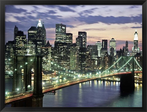 Framed Brookyn Bridge and Downtown skyline, NYC Print