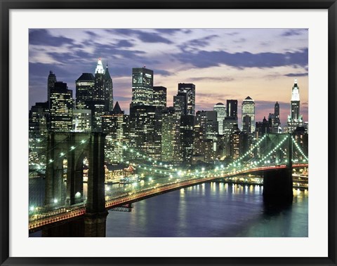 Framed Brookyn Bridge and Downtown skyline, NYC Print