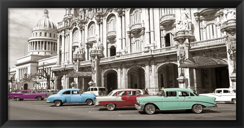 Framed Vintage American Cars in Havana, Cuba Print