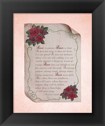 Framed Corinthians 13:4-8 Love is Patient - Rose Border Pink Print