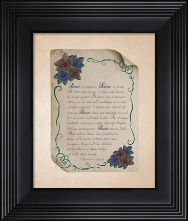 Framed Corinthians 13:4-8 Love is Patient - Rose Border Beige Print