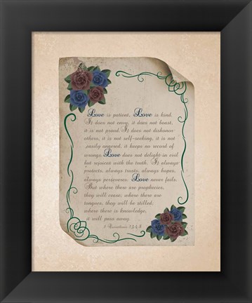 Framed Corinthians 13:4-8 Love is Patient - Rose Border Beige Print