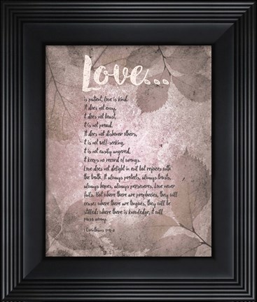 Framed Corinthians 13:4-8 Love is Patient - Grey Leaves Print
