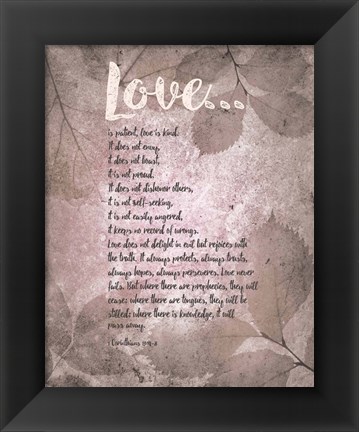 Framed Corinthians 13:4-8 Love is Patient - Grey Leaves Print