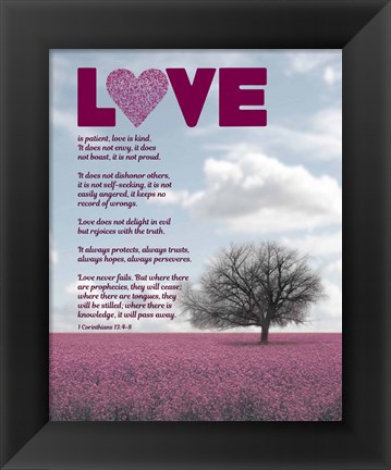 Framed Corinthians 13:4-8 Love is Patient - Pink Field Print