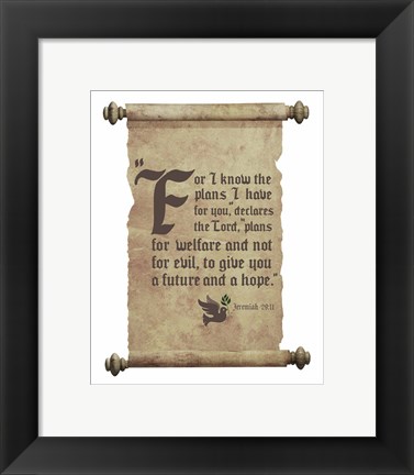 Framed Jeremiah 29:11 For I know the Plans I have for You (Dove on Scroll) Print