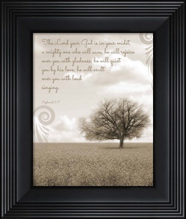 Framed Zephaniah 3:17 The Lord Your God (Grey Landscape) Print