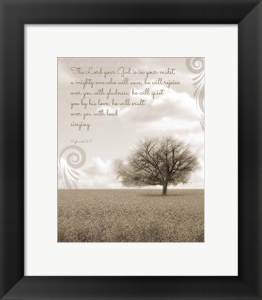 Framed Zephaniah 3:17 The Lord Your God (Grey Landscape) Print