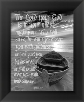 Framed Zephaniah 3:17 The Lord Your God (Beach Black &amp; White) Print