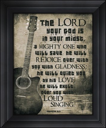 Framed Zephaniah 3:17 The Lord Your God (Guitar Sepia) Print