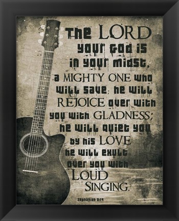 Framed Zephaniah 3:17 The Lord Your God (Guitar Sepia) Print