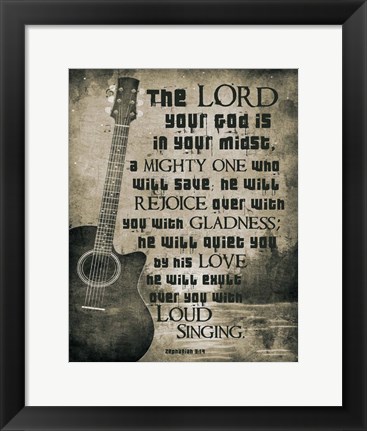 Framed Zephaniah 3:17 The Lord Your God (Guitar Sepia) Print