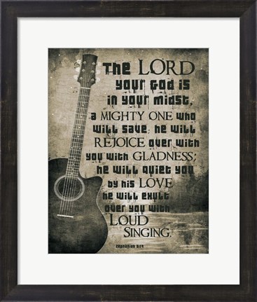 Framed Zephaniah 3:17 The Lord Your God (Guitar Sepia) Print