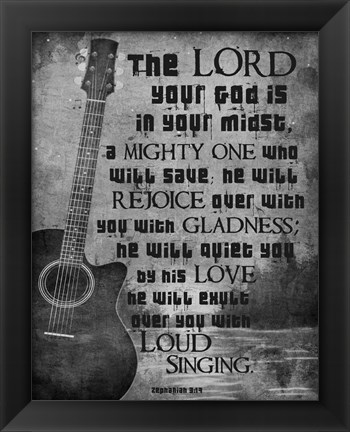 Framed Zephaniah 3:17 The Lord Your God (Guitar Black &amp; White) Print