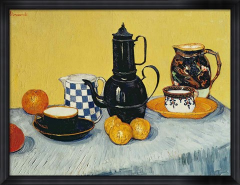 Framed Still Life with Blue Enamel Coffeepot, Earthenware and Fruit Print