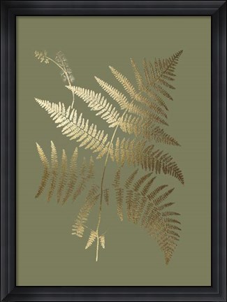 Framed Gold Foil Ferns I on Mid Green - Metallic Foil Print