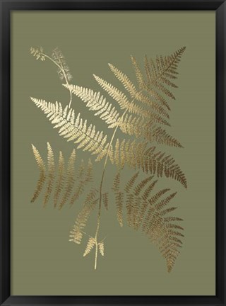 Framed Gold Foil Ferns I on Mid Green - Metallic Foil Print