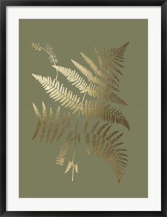 Framed Gold Foil Ferns I on Mid Green - Metallic Foil Print