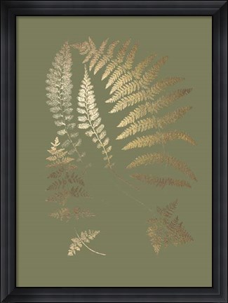 Framed Gold Foil Ferns II on Mid Green - Metallic Foil Print