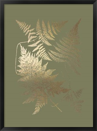 Framed Gold Foil Ferns III on Mid Green - Metallic Foil Print