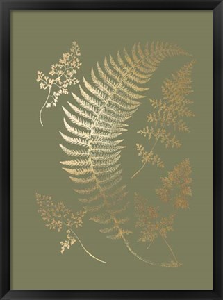 Framed Gold Foil Ferns IV on Mid Green - Metallic Foil Print