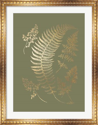 Framed Gold Foil Ferns IV on Mid Green - Metallic Foil Print
