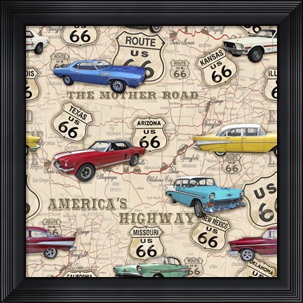Framed Route 66 Muscle Car Map Print