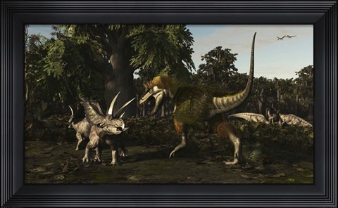 Framed Bistahieversor Attacking a Pair of Pentaceratops Print