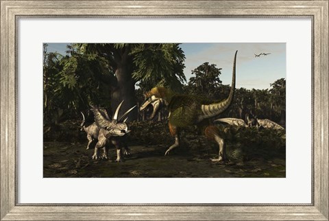 Framed Bistahieversor Attacking a Pair of Pentaceratops Print