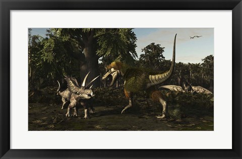 Framed Bistahieversor Attacking a Pair of Pentaceratops Print