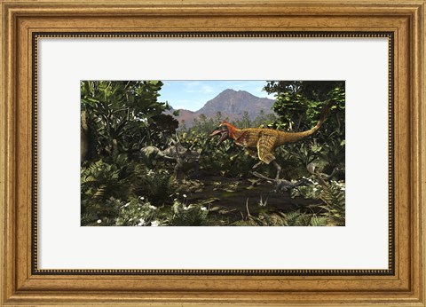 Framed Protofeathered Lythronax comes upon a Pair of Diabloceratops Print