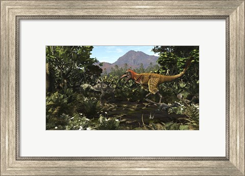 Framed Protofeathered Lythronax comes upon a Pair of Diabloceratops Print