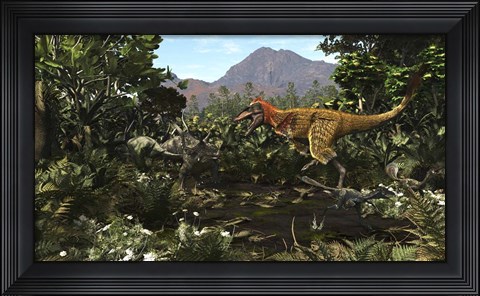 Framed Protofeathered Lythronax comes upon a Pair of Diabloceratops Print