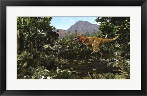 Framed Protofeathered Lythronax comes upon a Pair of Diabloceratops Print