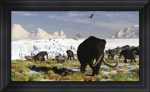 Framed Woolly Mammoths and Woolly Rhinos in a Prehistoric Landscape Print