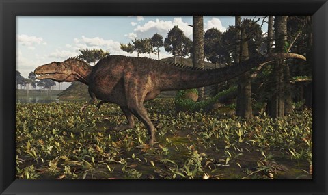 Framed Acrocanthosaurus Dinosaur Roaming A Cretaceous Landscape Print