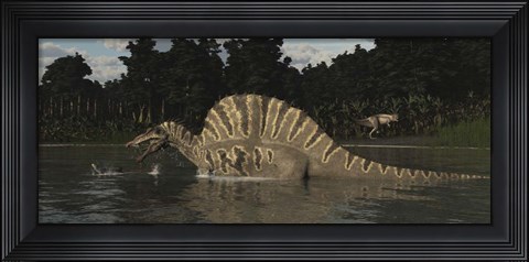Framed Spinosaurus Hunting For Fish In A Lake Print