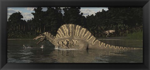 Framed Spinosaurus Hunting For Fish In A Lake Print