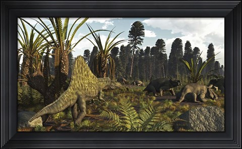 Framed Triassic Scene With The Sailback Arizonasaurus And Some Dicynodonts Print
