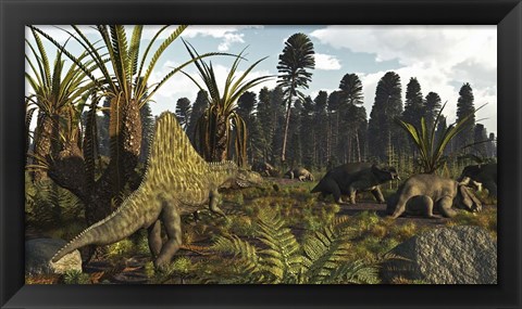 Framed Triassic Scene With The Sailback Arizonasaurus And Some Dicynodonts Print